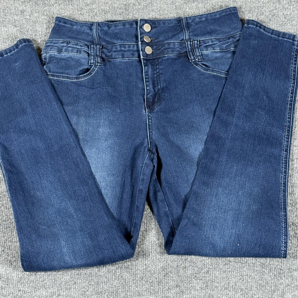 Skinny Stretch Denim Jeans Large Blue High Rise Three Button Closure Dark Wash‎